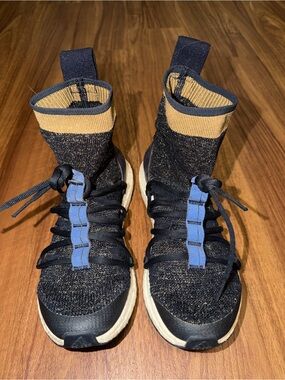 adidas Women's Navy Blue and Tan Knit High-Top Sneakers with Light Blue Accents
